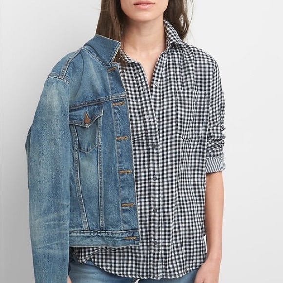 Gap Boyfriend Fit Collared Shirt - Black Gingham - Picture 1 of 4